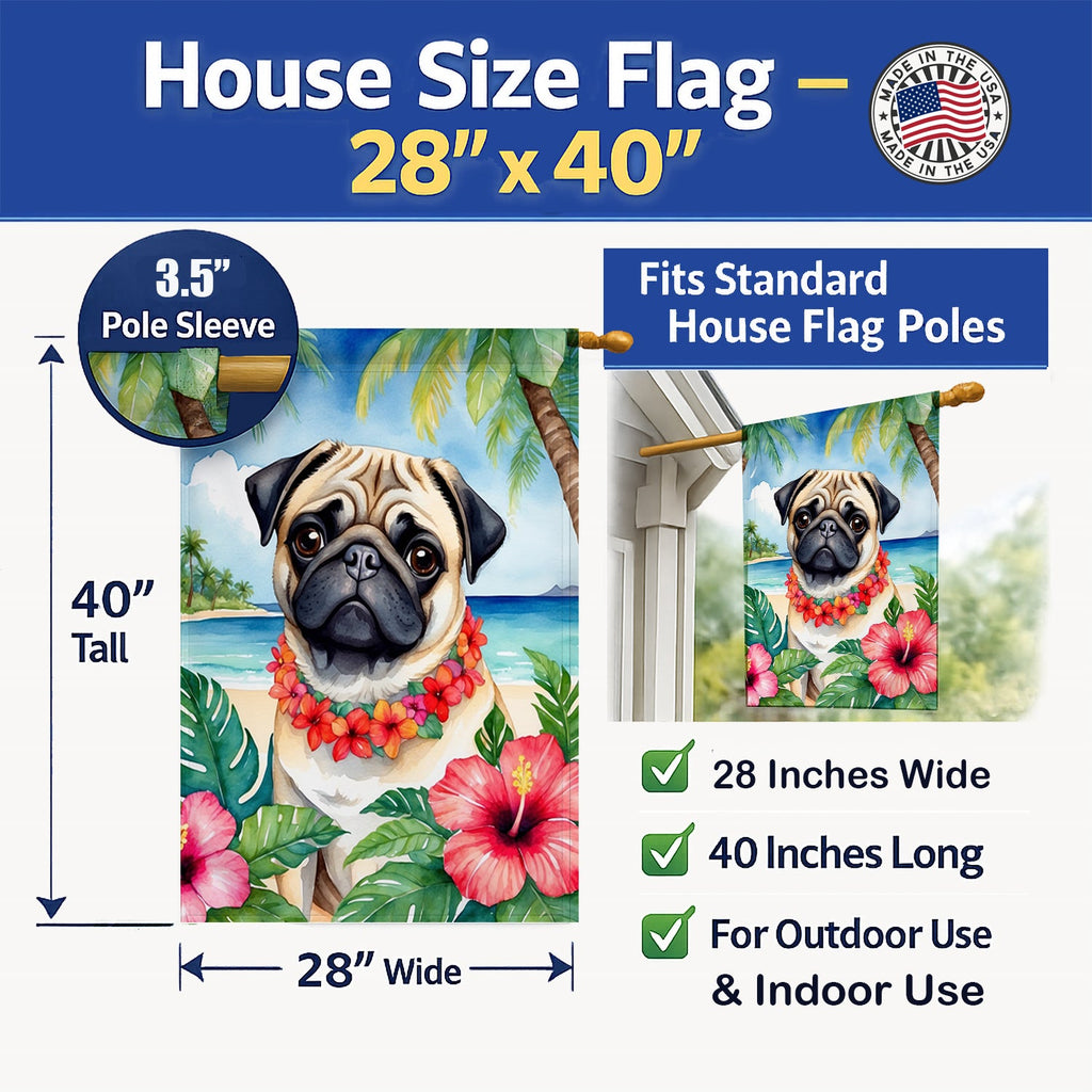 Pug Luau House Flag 28x40 Porch Sleeve Pole Decorative Outside Yard Banner Artwork Wall Hanging, Polyester