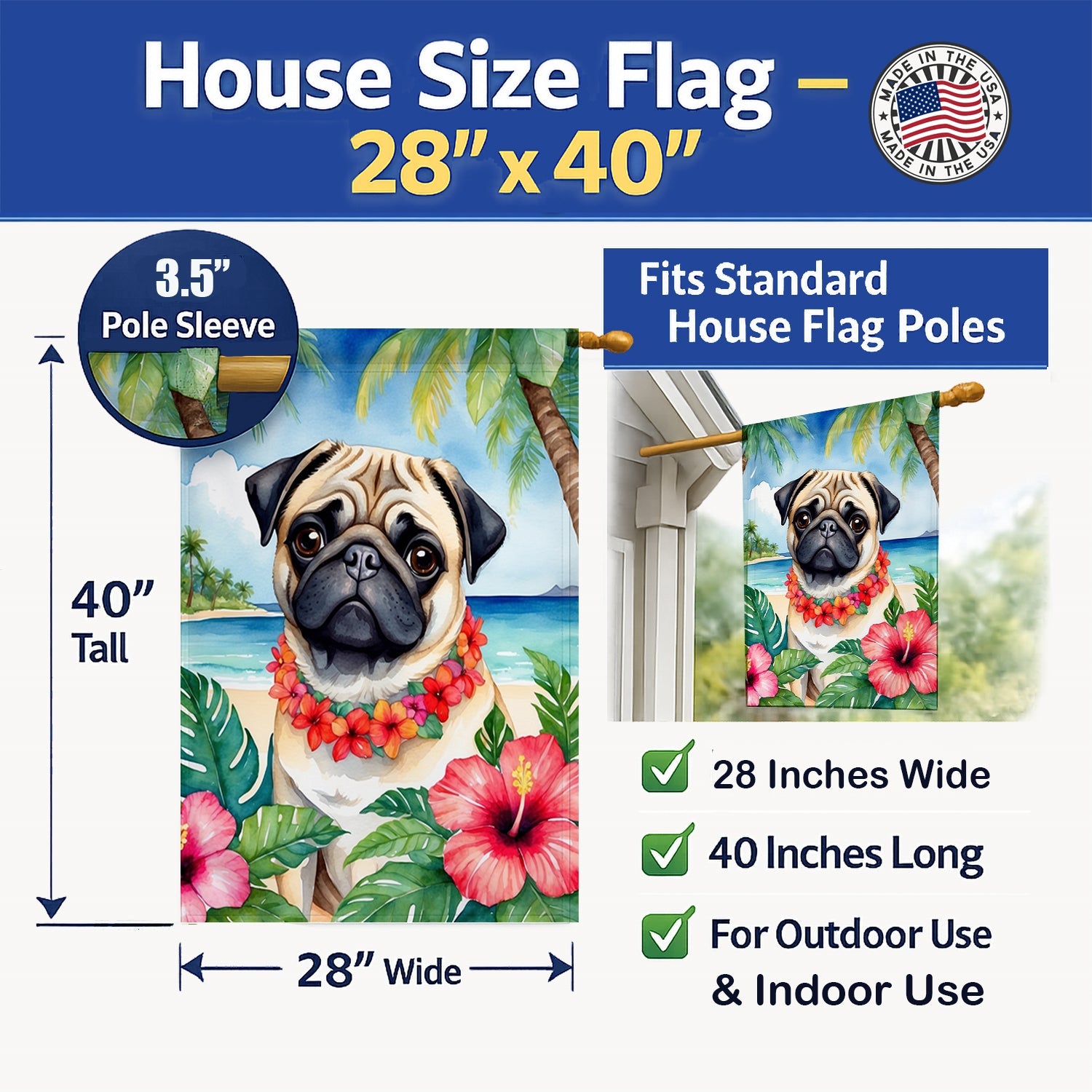 Pug Luau House Flag 28x40 Porch Sleeve Pole Decorative Outside Yard Banner Artwork Wall Hanging, Polyester
