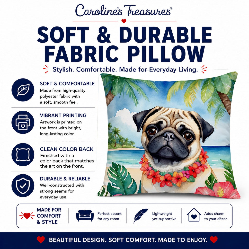 Pug Luau Decorative Throw Pillow 14x14 Indoor Outdoor Accent Cushion, Fabric Cover with Insert for Sofa, Bed, Porch & Living Room