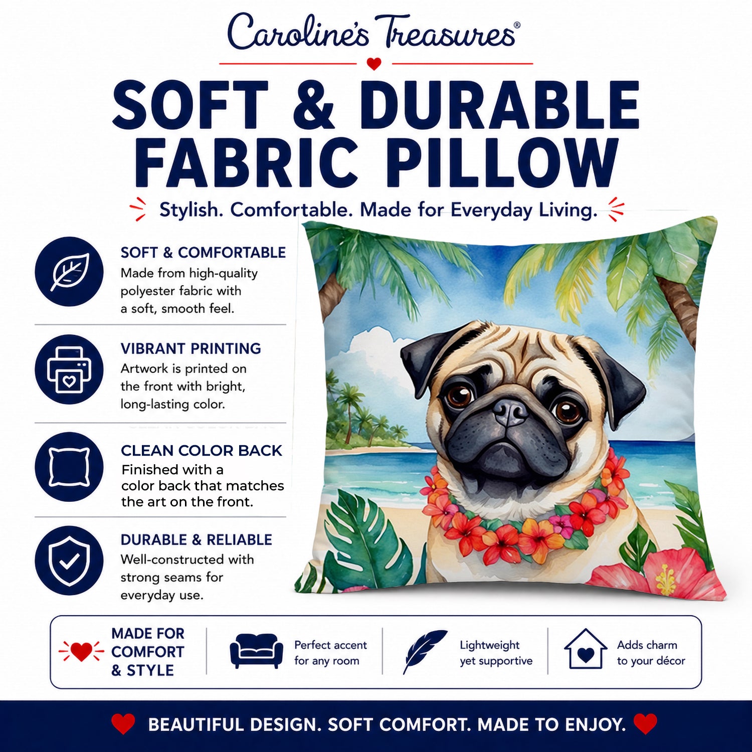 Pug Luau Decorative Throw Pillow 14x14 Indoor Outdoor Accent Cushion, Fabric Cover with Insert for Sofa, Bed, Porch & Living Room