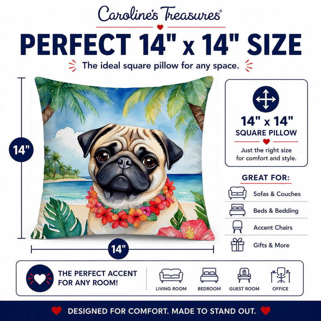 Pug Luau Decorative Throw Pillow 14x14 Indoor Outdoor Accent Cushion, Fabric Cover with Insert for Sofa, Bed, Porch & Living Room