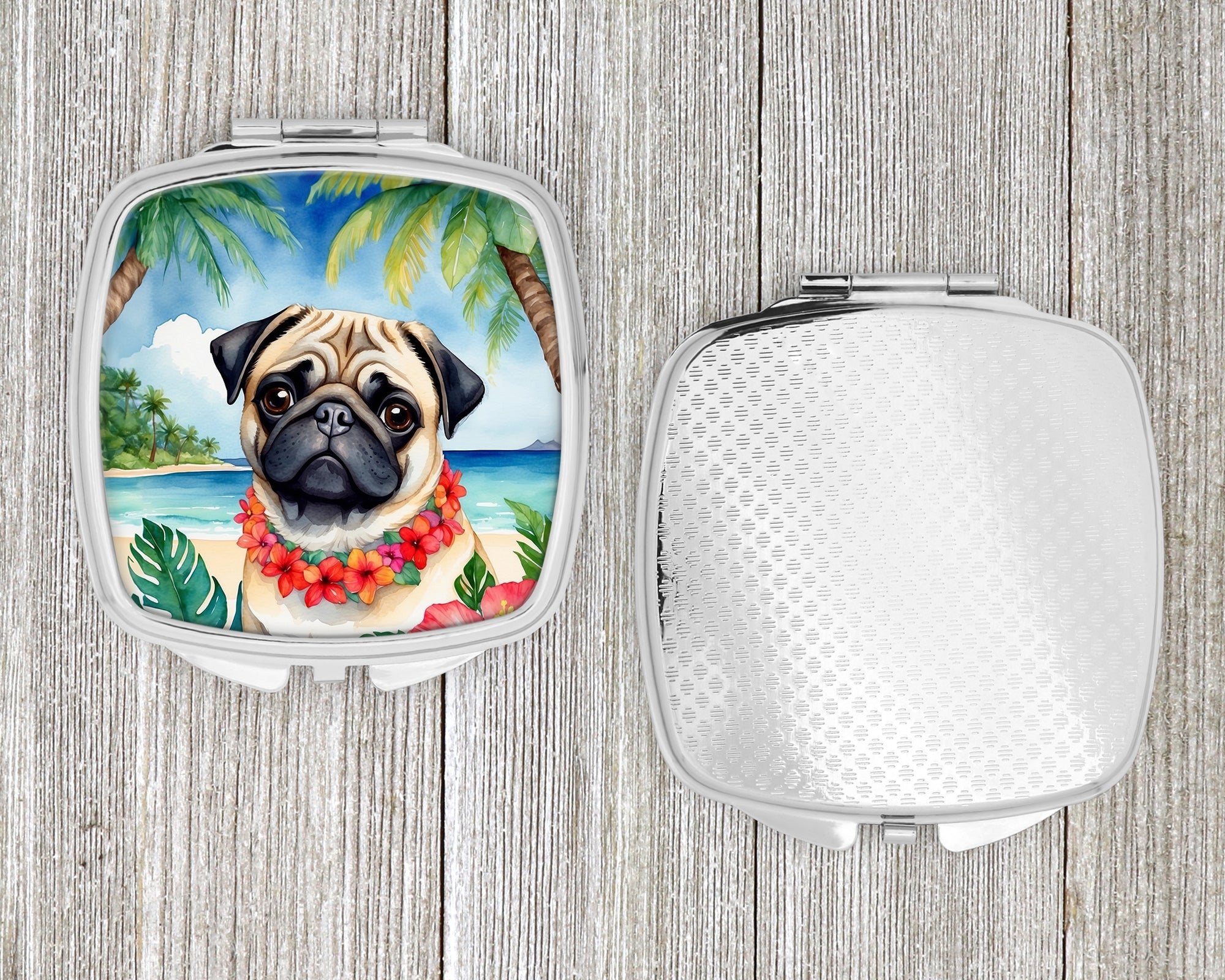 Pug Luau Compact Mirror Decorative Travel Makeup Mirror for Women Girls Gifts Pocket Makeup Mirror Folding Handheld