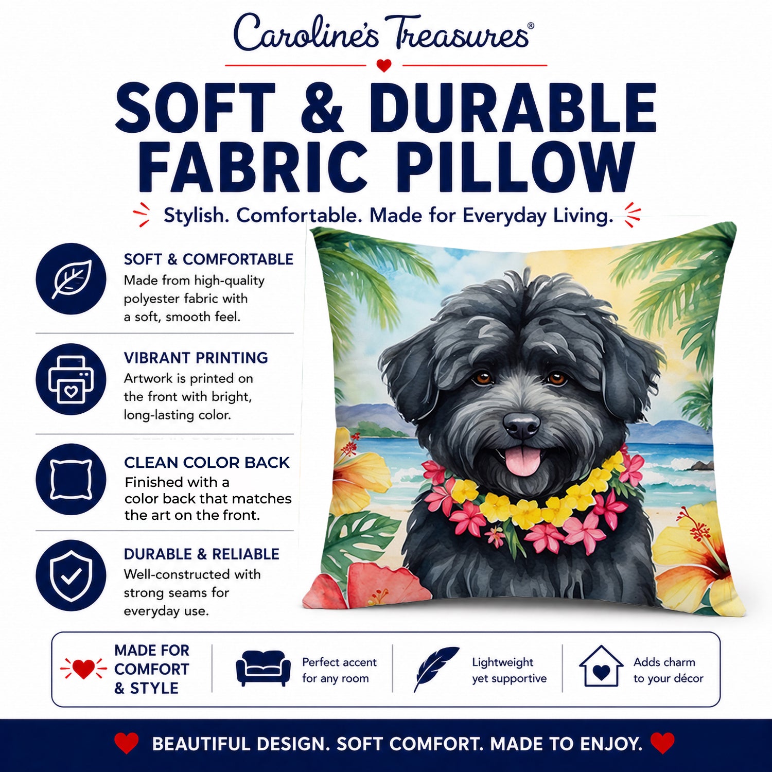 Puli Luau Decorative Throw Pillow 14x14 Indoor Outdoor Accent Cushion, Fabric Cover with Insert for Sofa, Bed, Porch & Living Room