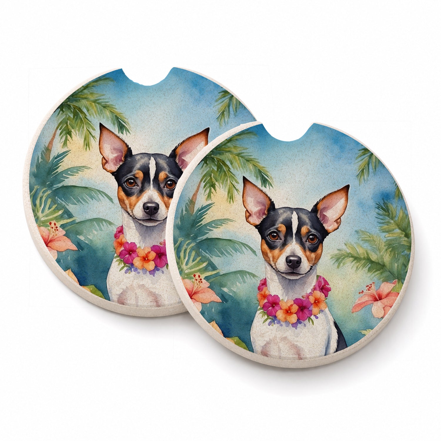 Rat Terrier Luau Set of 2 Cup Holder Car Coasters Absorbent Round Sandstone Coasters Gifts for Men or Women, 2.5, Multicolor