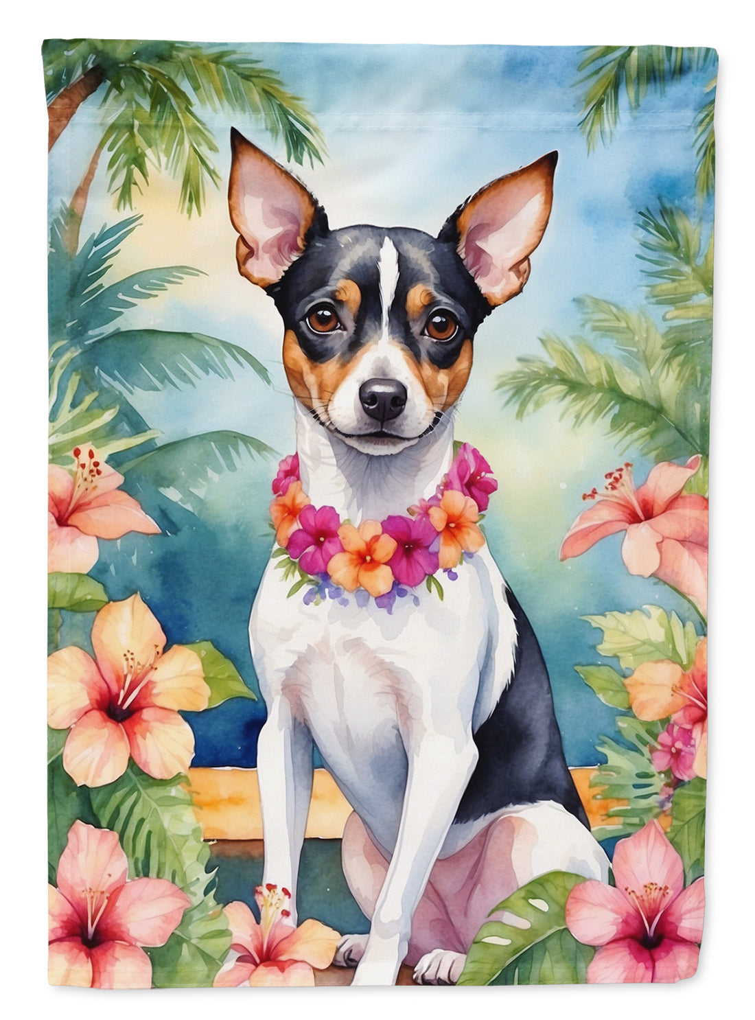 Rat Terrier Luau House Flag 28x40 Porch Sleeve Pole Decorative Outside Yard Banner Artwork Wall Hanging, Polyester
