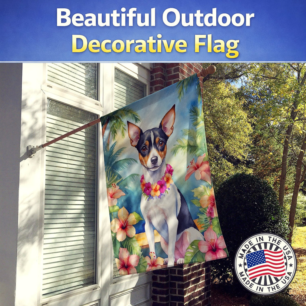 Rat Terrier Luau House Flag 28x40 Porch Sleeve Pole Decorative Outside Yard Banner Artwork Wall Hanging, Polyester