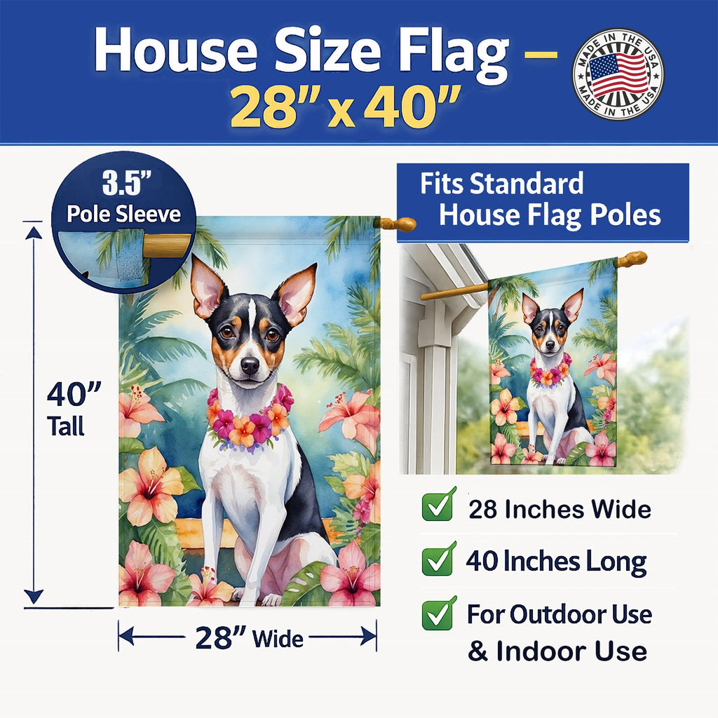 Rat Terrier Luau House Flag 28x40 Porch Sleeve Pole Decorative Outside Yard Banner Artwork Wall Hanging, Polyester