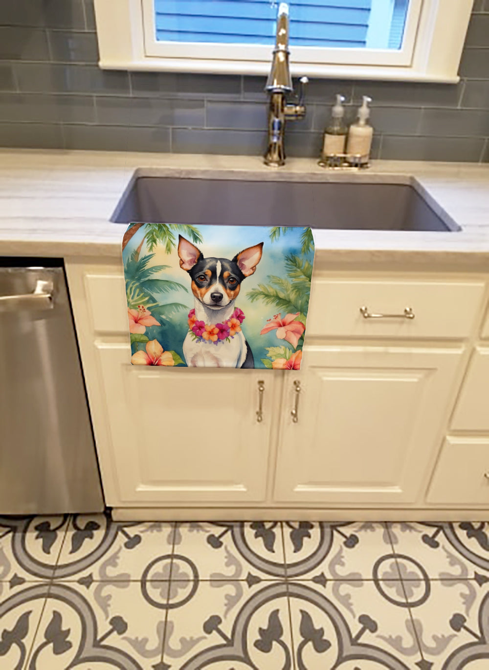 Rat Terrier Luau Kitchen Towel Velour Plush Front and Cotton Loop Back Machine Washable