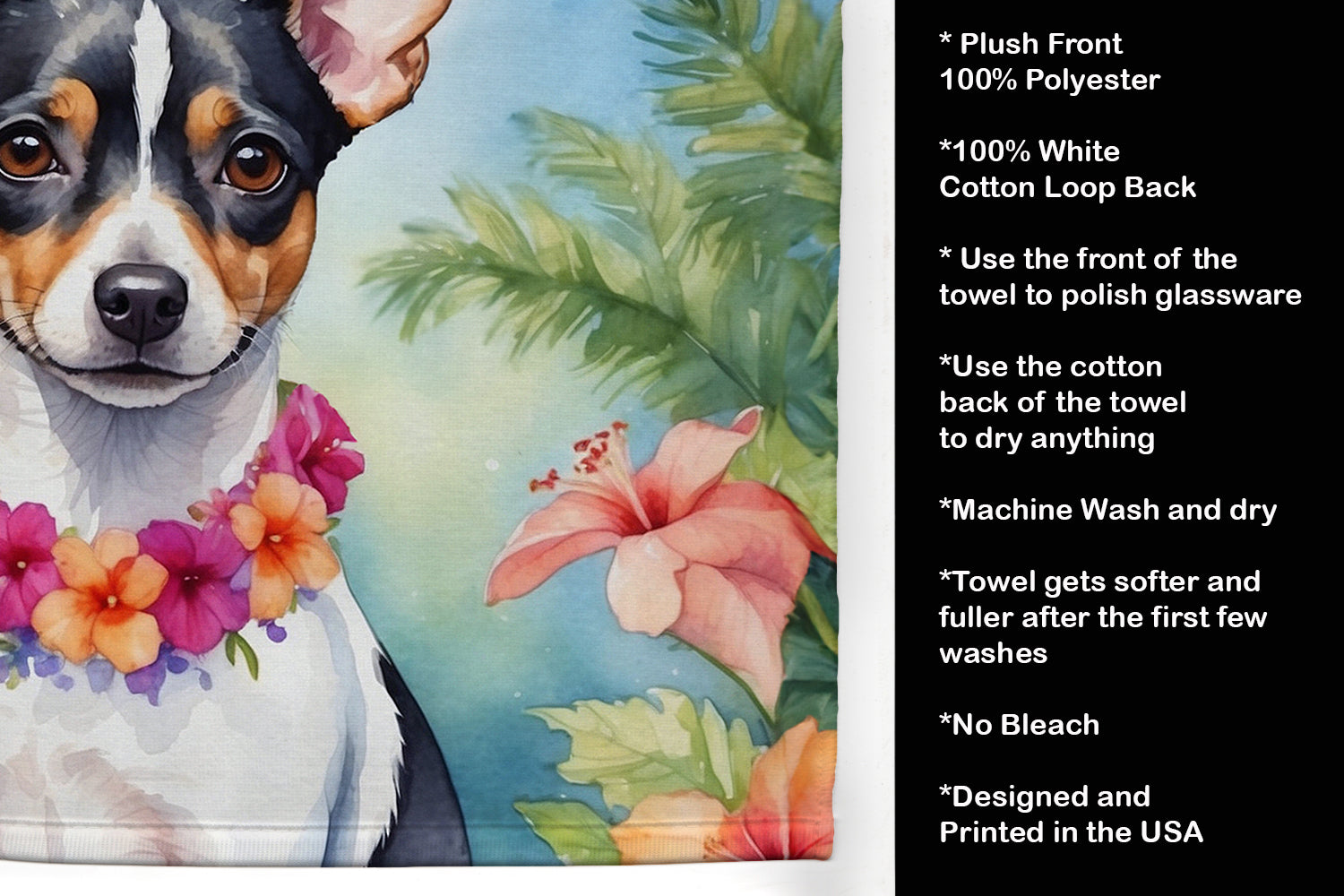 Rat Terrier Luau Kitchen Towel Velour Plush Front and Cotton Loop Back Machine Washable