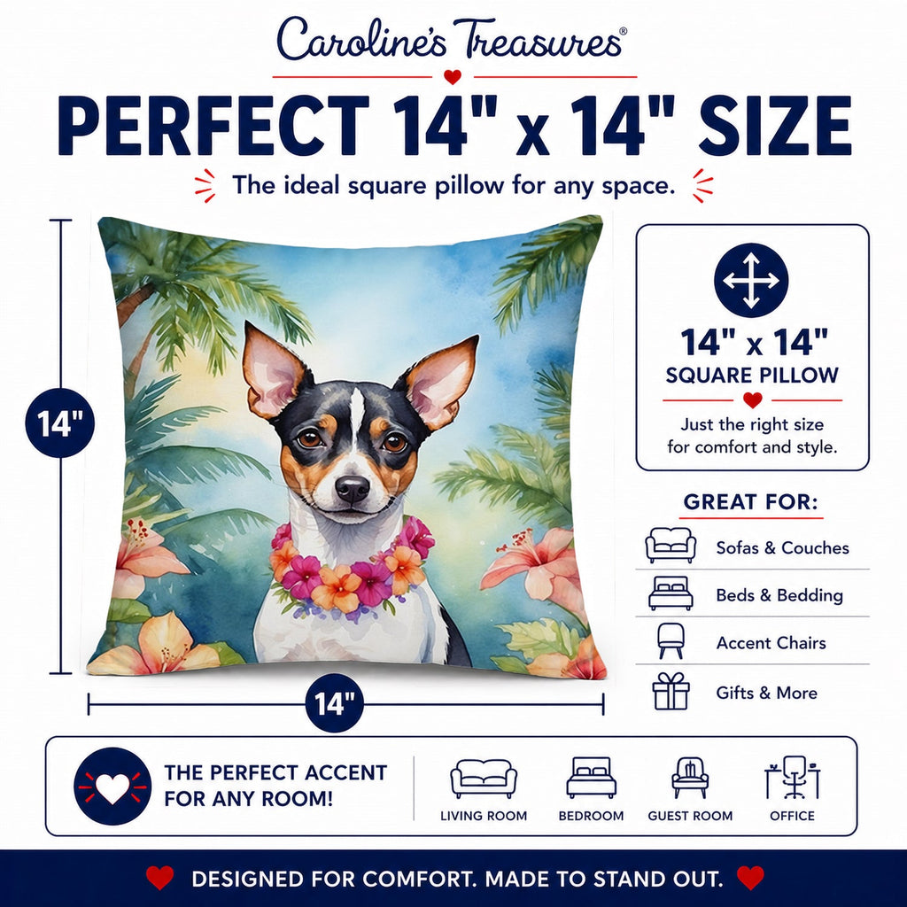 Rat Terrier Luau Decorative Throw Pillow 14x14 Indoor Outdoor Accent Cushion, Fabric Cover with Insert for Sofa, Bed, Porch & Living Room