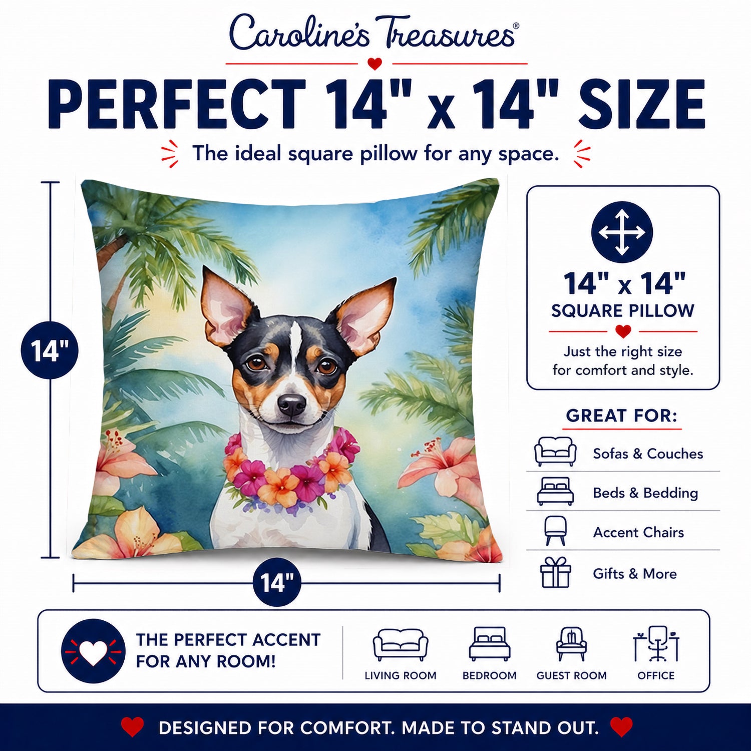 Rat Terrier Luau Decorative Throw Pillow 14x14 Indoor Outdoor Accent Cushion, Fabric Cover with Insert for Sofa, Bed, Porch & Living Room
