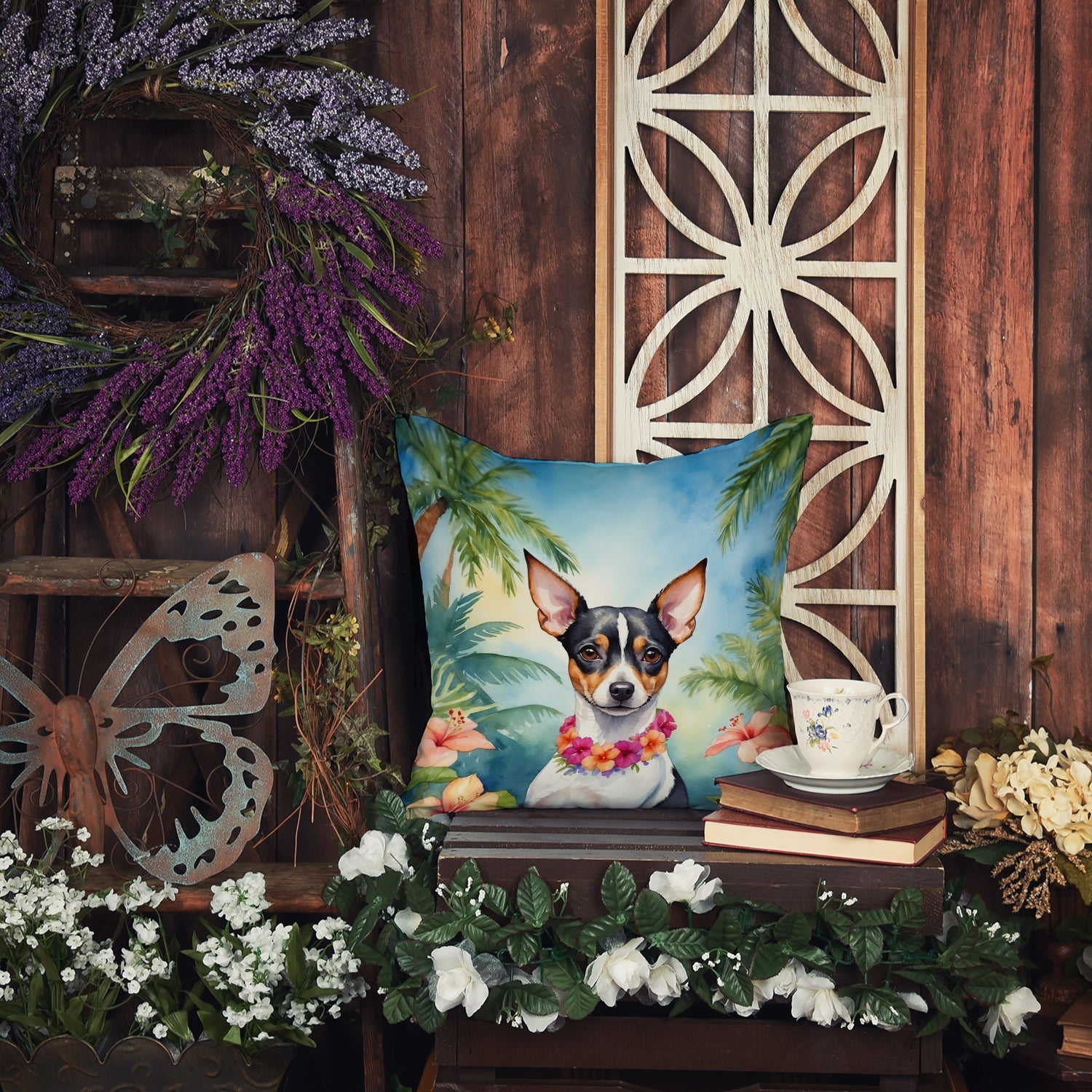 Rat Terrier Luau Decorative Throw Pillow 18x18 Indoor Outdoor Accent Cushion, Fabric Cover with Insert for Sofa, Bed, Porch & Living Room