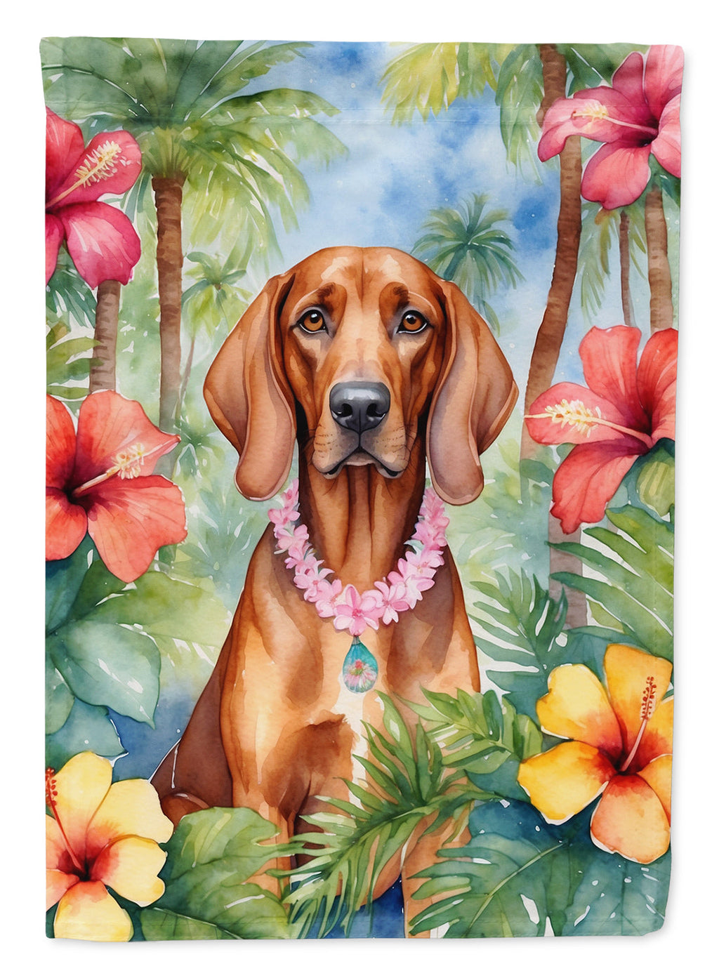 Redbone Coonhound Luau House Flag 28x40 Porch Sleeve Pole Decorative Outside Yard Banner Artwork Wall Hanging, Polyester