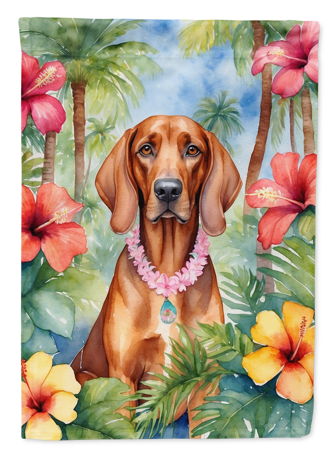 Redbone Coonhound Luau House Flag 28x40 Porch Sleeve Pole Decorative Outside Yard Banner Artwork Wall Hanging, Polyester
