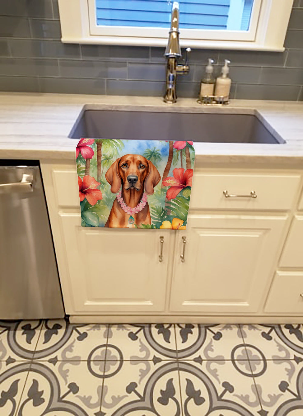 Redbone Coonhound Luau Kitchen Towel Velour Plush Front and Cotton Loop Back Machine Washable