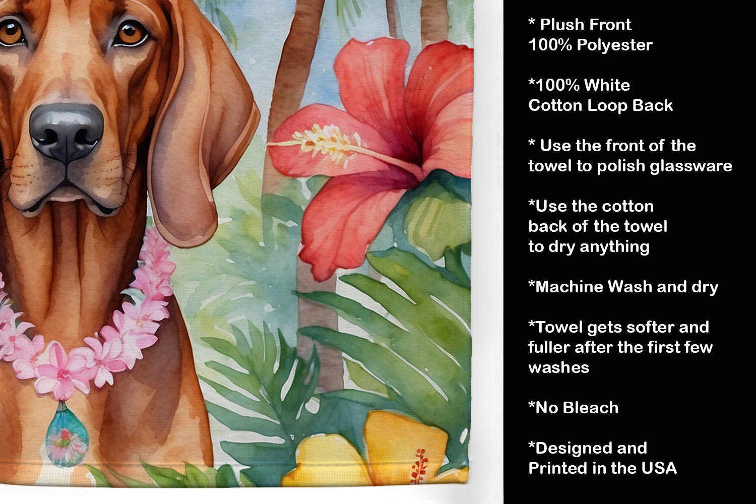 Redbone Coonhound Luau Kitchen Towel Velour Plush Front and Cotton Loop Back Machine Washable