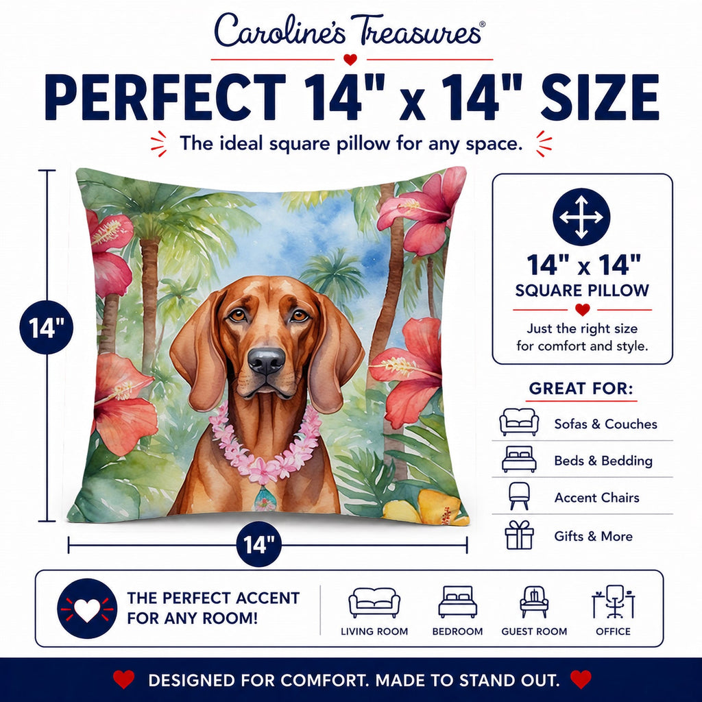 Redbone Coonhound Luau Decorative Throw Pillow 14x14 Indoor Outdoor Accent Cushion, Fabric Cover with Insert for Sofa, Bed, Porch & Living Room