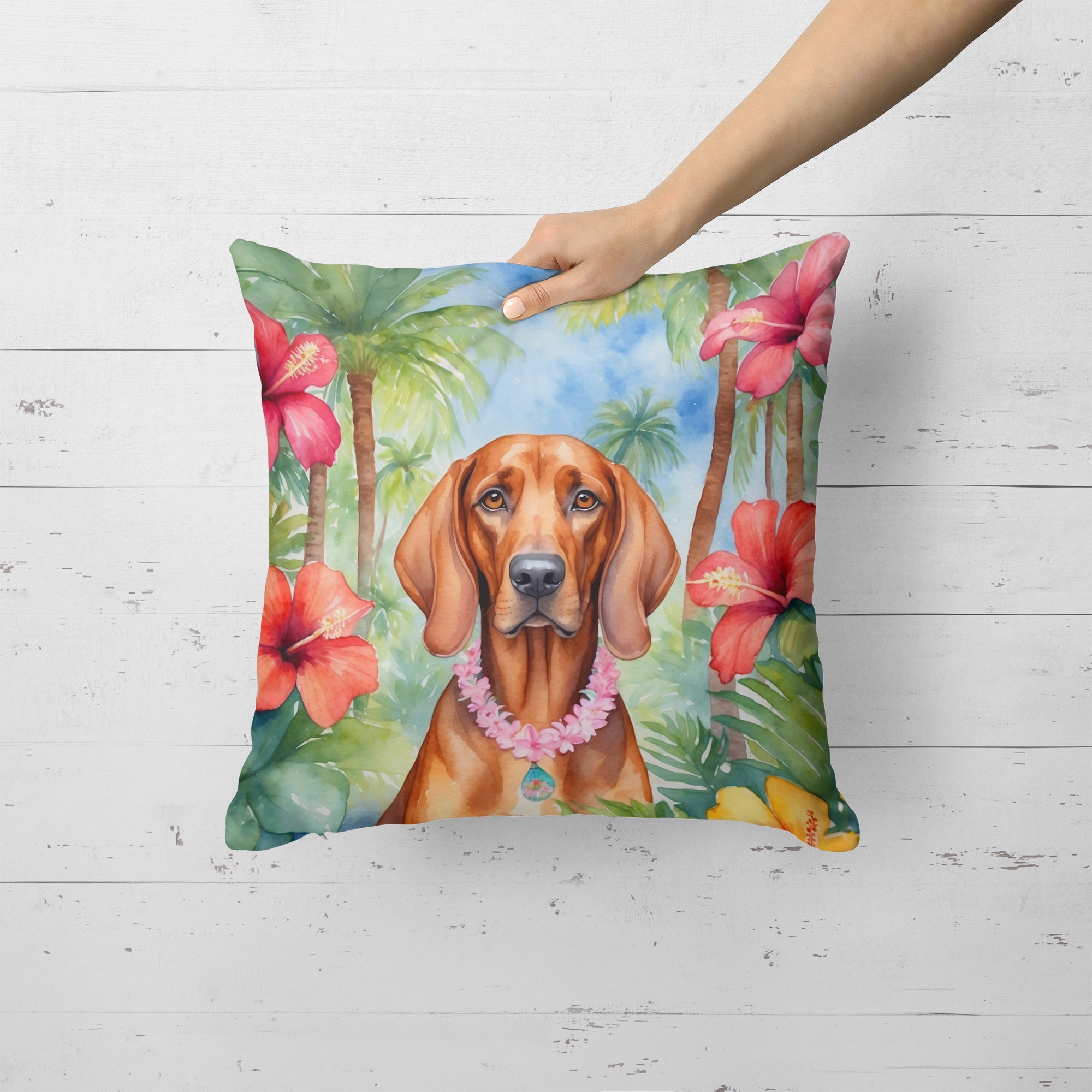 Redbone Coonhound Luau Decorative Throw Pillow 18x18 Indoor Outdoor Accent Cushion, Fabric Cover with Insert for Sofa, Bed, Porch & Living Room