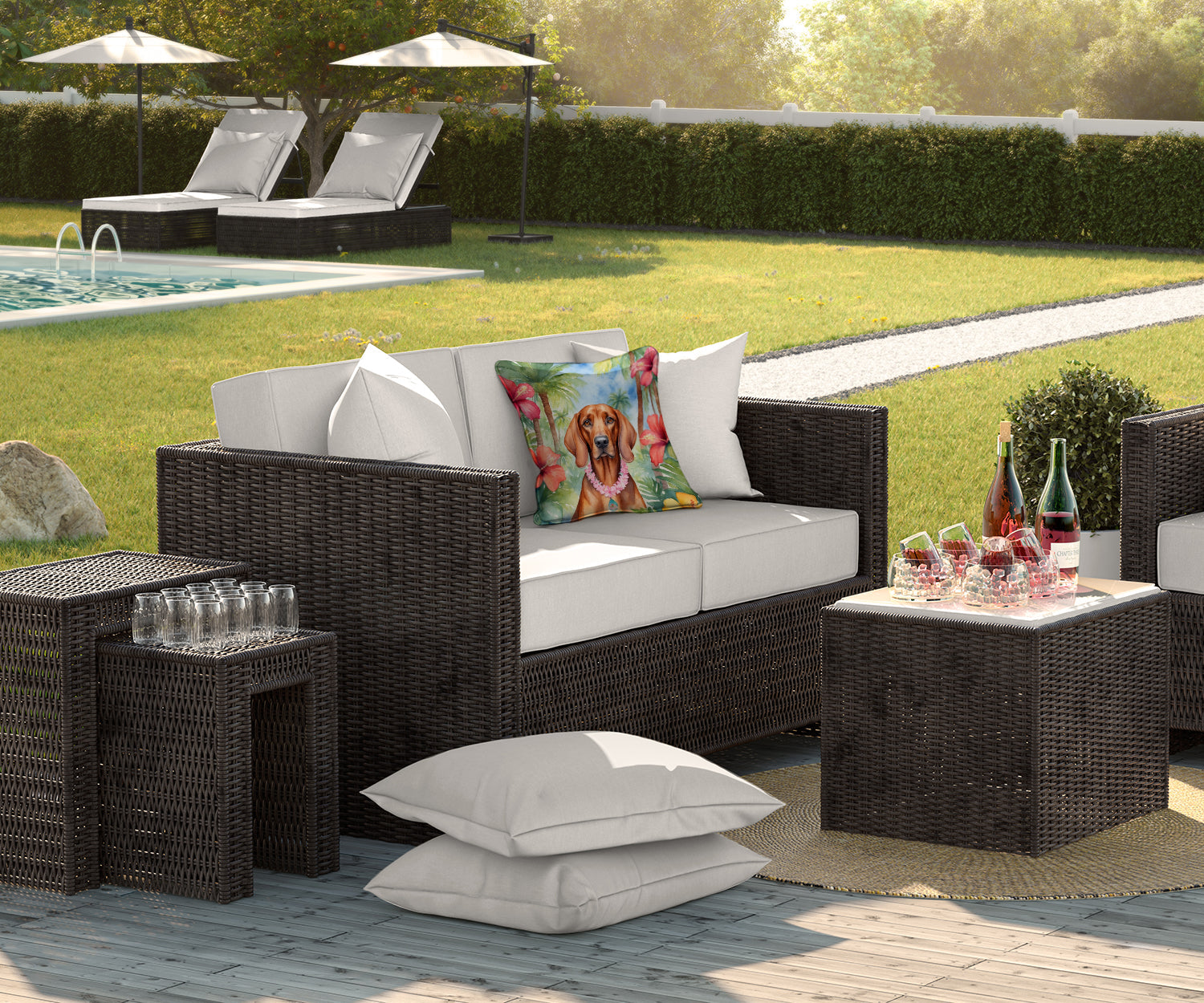 Redbone Coonhound Luau Decorative Throw Pillow 18x18 Indoor Outdoor Accent Cushion, Fabric Cover with Insert for Sofa, Bed, Porch & Living Room