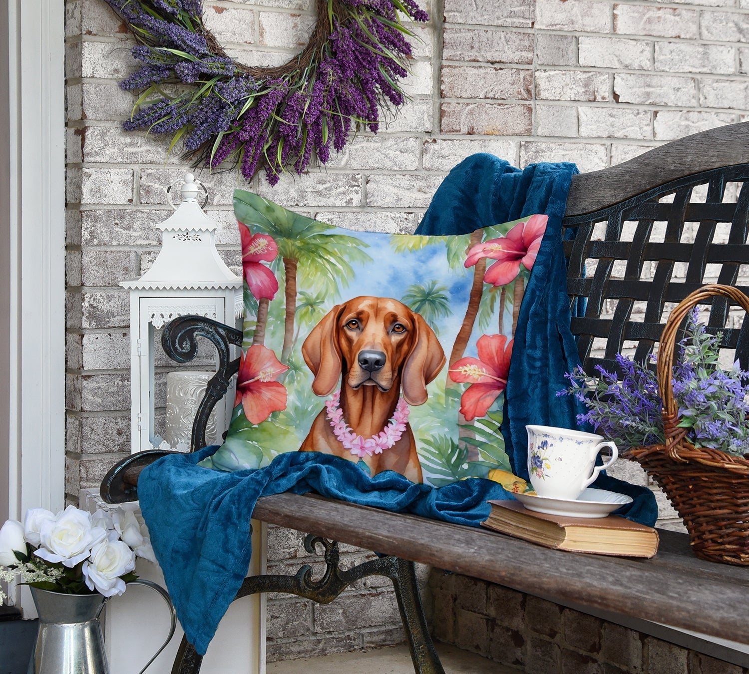 Redbone Coonhound Luau Decorative Throw Pillow 18x18 Indoor Outdoor Accent Cushion, Fabric Cover with Insert for Sofa, Bed, Porch & Living Room