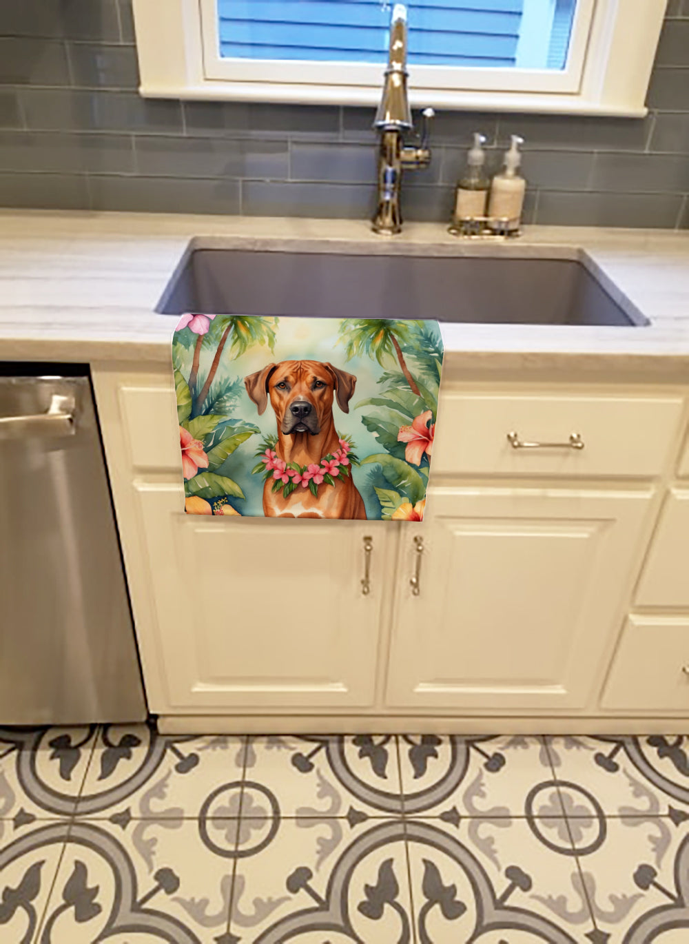 Rhodesian Ridgeback Luau Kitchen Towel Velour Plush Front and Cotton Loop Back Machine Washable