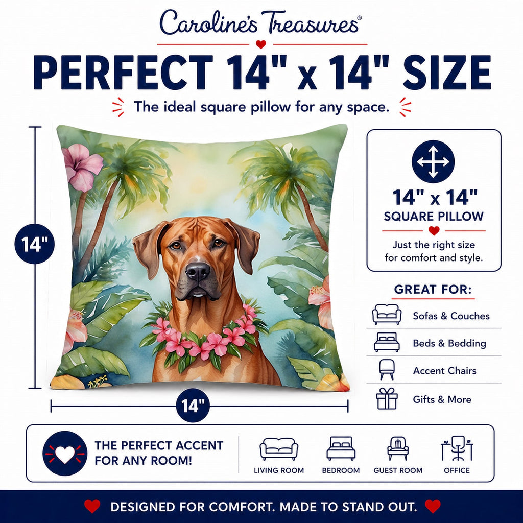 Rhodesian Ridgeback Luau Decorative Throw Pillow 14x14 Indoor Outdoor Accent Cushion, Fabric Cover with Insert for Sofa, Bed, Porch & Living Room
