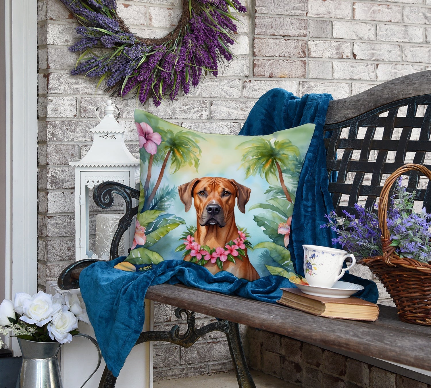 Rhodesian Ridgeback Luau Decorative Throw Pillow 18x18 Indoor Outdoor Accent Cushion, Fabric Cover with Insert for Sofa, Bed, Porch & Living Room