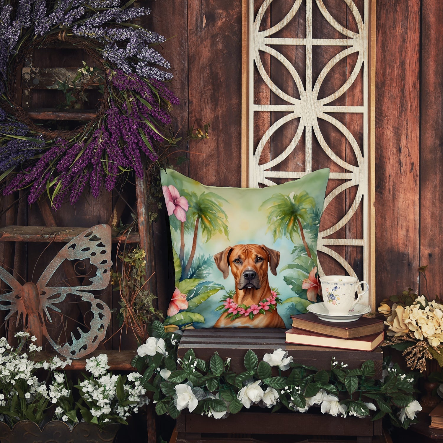 Rhodesian Ridgeback Luau Decorative Throw Pillow 18x18 Indoor Outdoor Accent Cushion, Fabric Cover with Insert for Sofa, Bed, Porch & Living Room