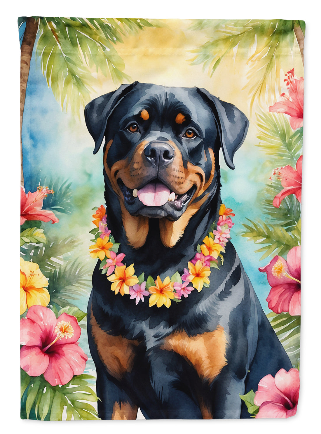Rottweiler Luau House Flag 28x40 Porch Sleeve Pole Decorative Outside Yard Banner Artwork Wall Hanging, Polyester