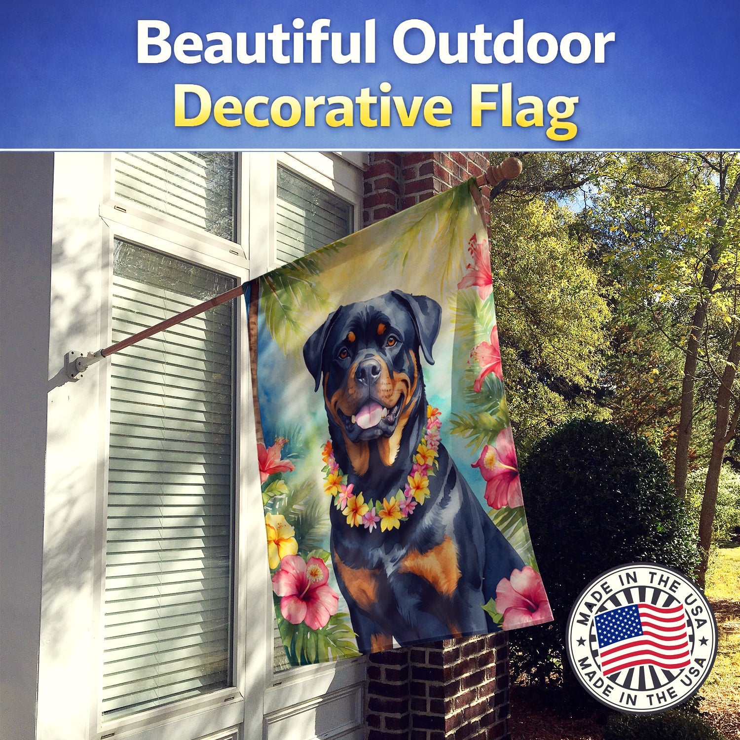 Rottweiler Luau House Flag 28x40 Porch Sleeve Pole Decorative Outside Yard Banner Artwork Wall Hanging, Polyester