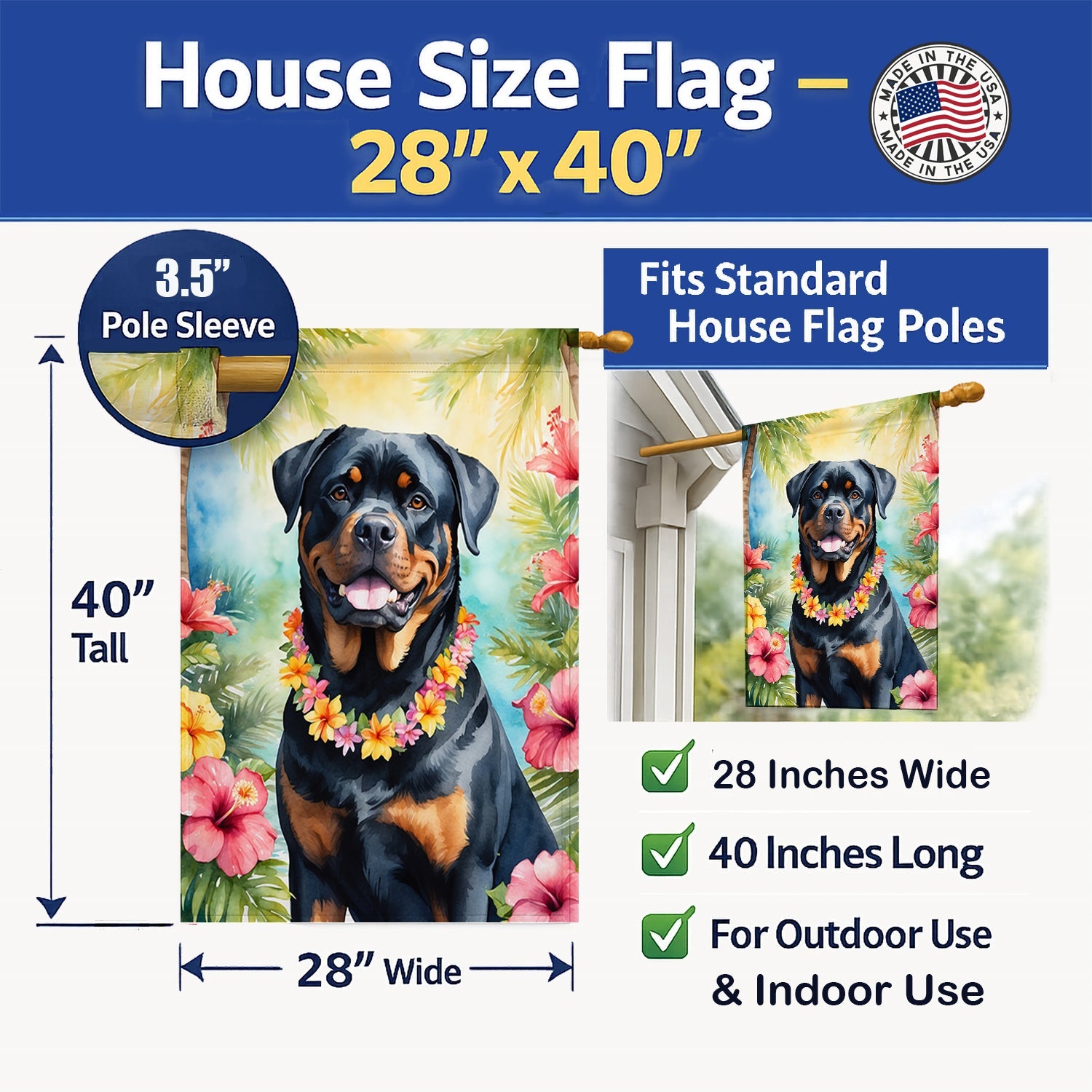 Rottweiler Luau House Flag 28x40 Porch Sleeve Pole Decorative Outside Yard Banner Artwork Wall Hanging, Polyester