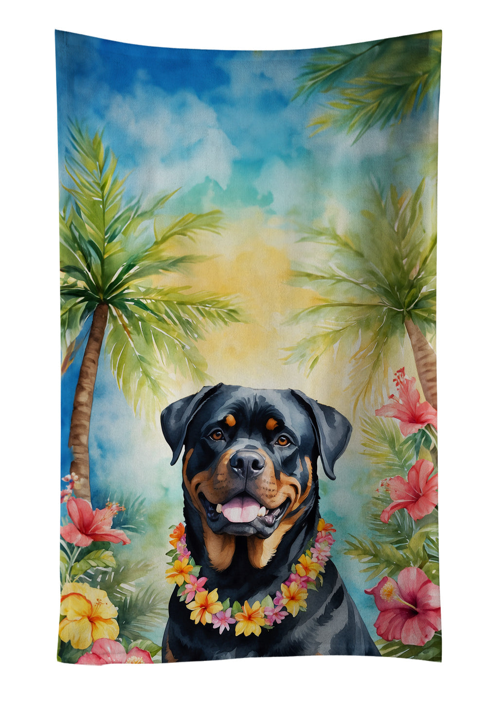 Rottweiler Luau Kitchen Towel Velour Plush Front and Cotton Loop Back Machine Washable