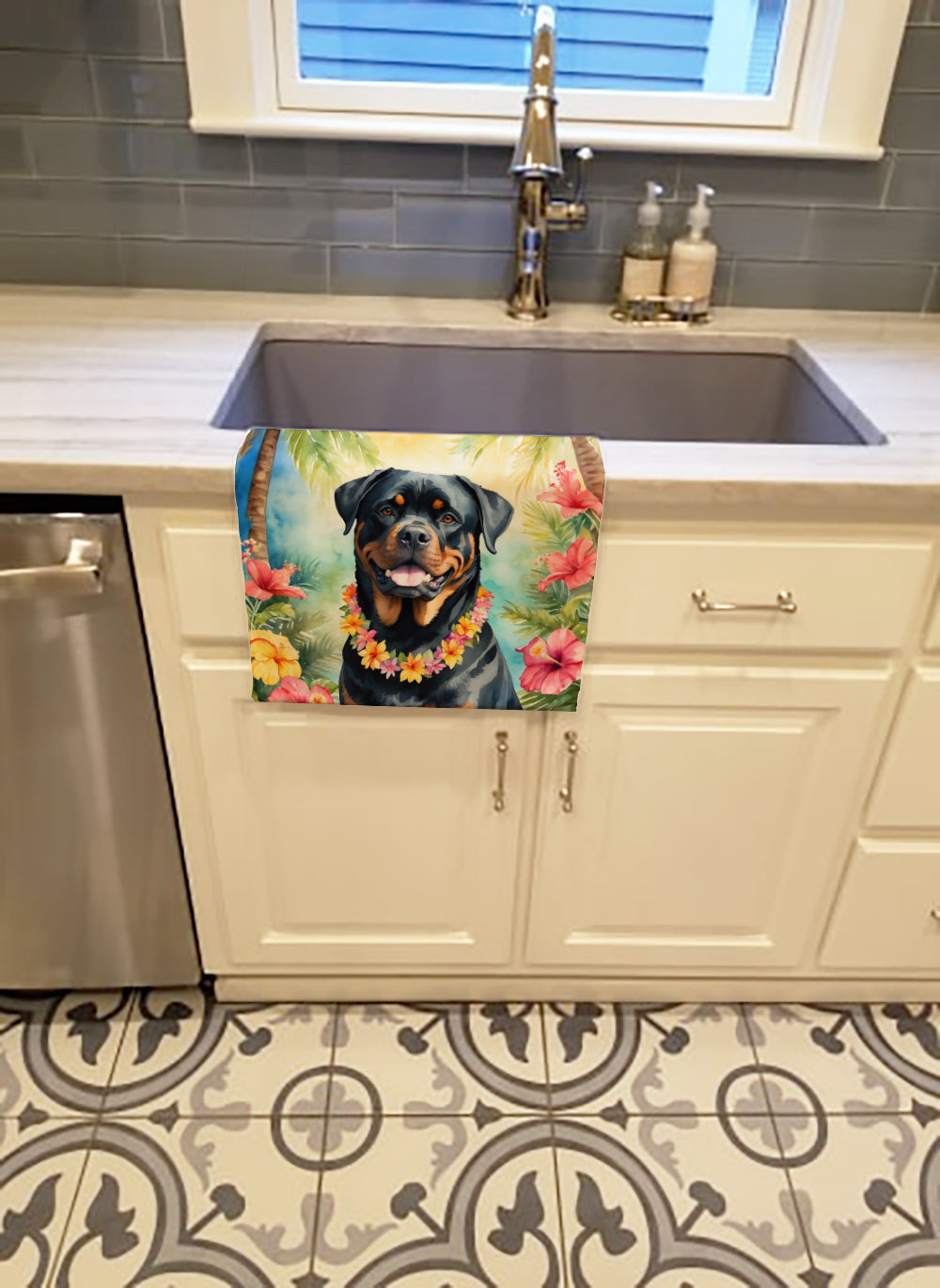 Rottweiler Luau Kitchen Towel Velour Plush Front and Cotton Loop Back Machine Washable