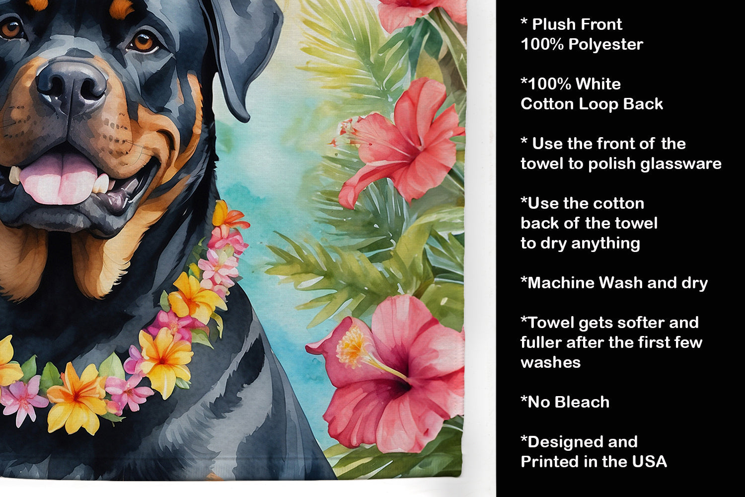 Rottweiler Luau Kitchen Towel Velour Plush Front and Cotton Loop Back Machine Washable