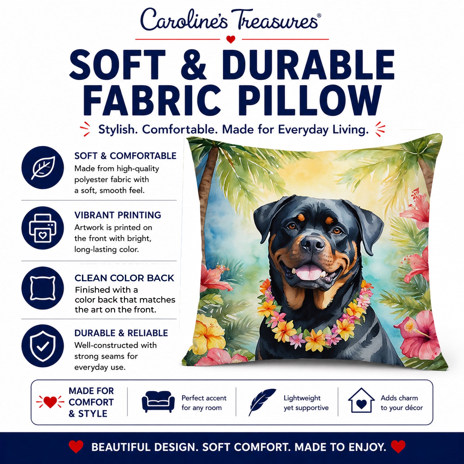 Rottweiler Luau Decorative Throw Pillow 14x14 Indoor Outdoor Accent Cushion, Fabric Cover with Insert for Sofa, Bed, Porch & Living Room