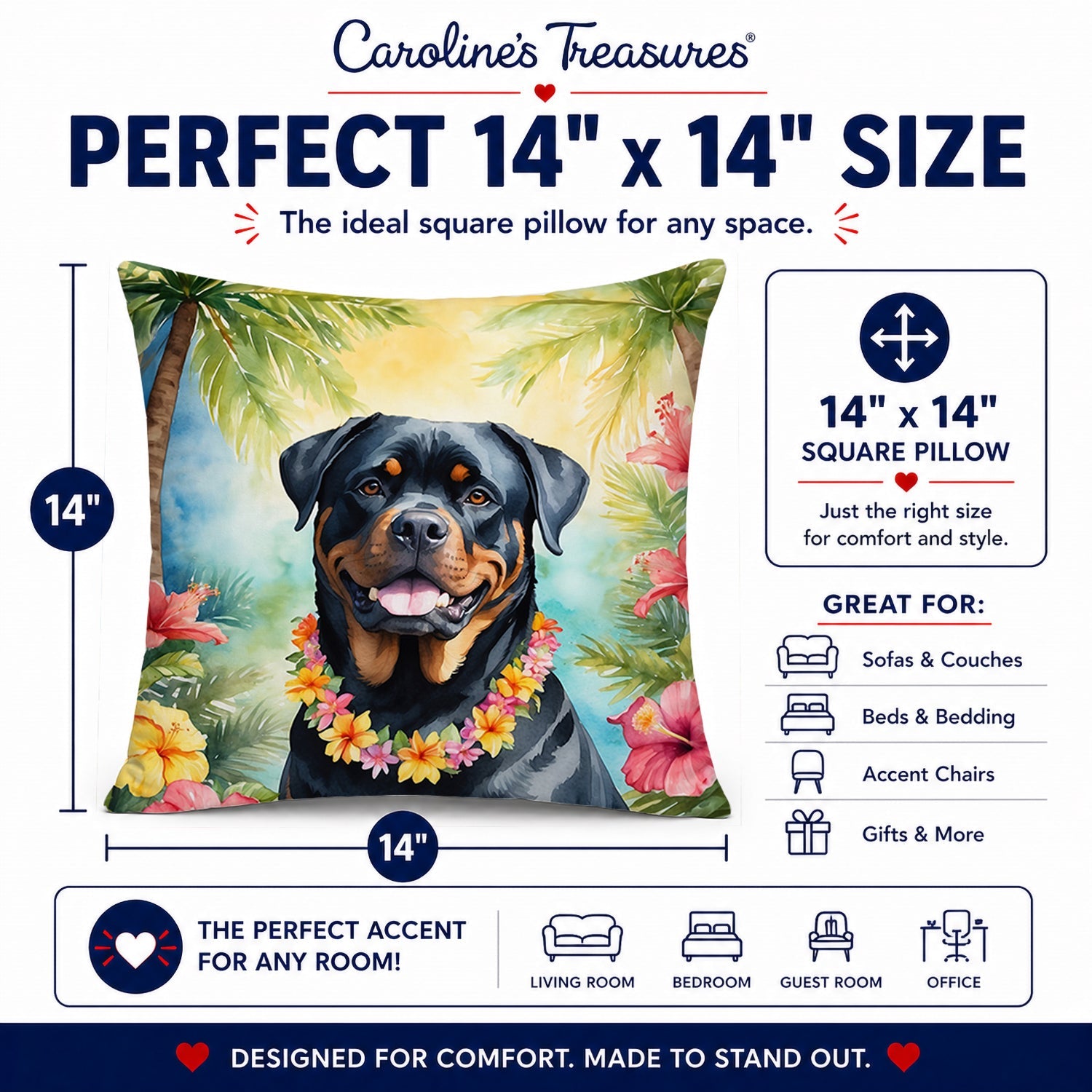 Rottweiler Luau Decorative Throw Pillow 14x14 Indoor Outdoor Accent Cushion, Fabric Cover with Insert for Sofa, Bed, Porch & Living Room