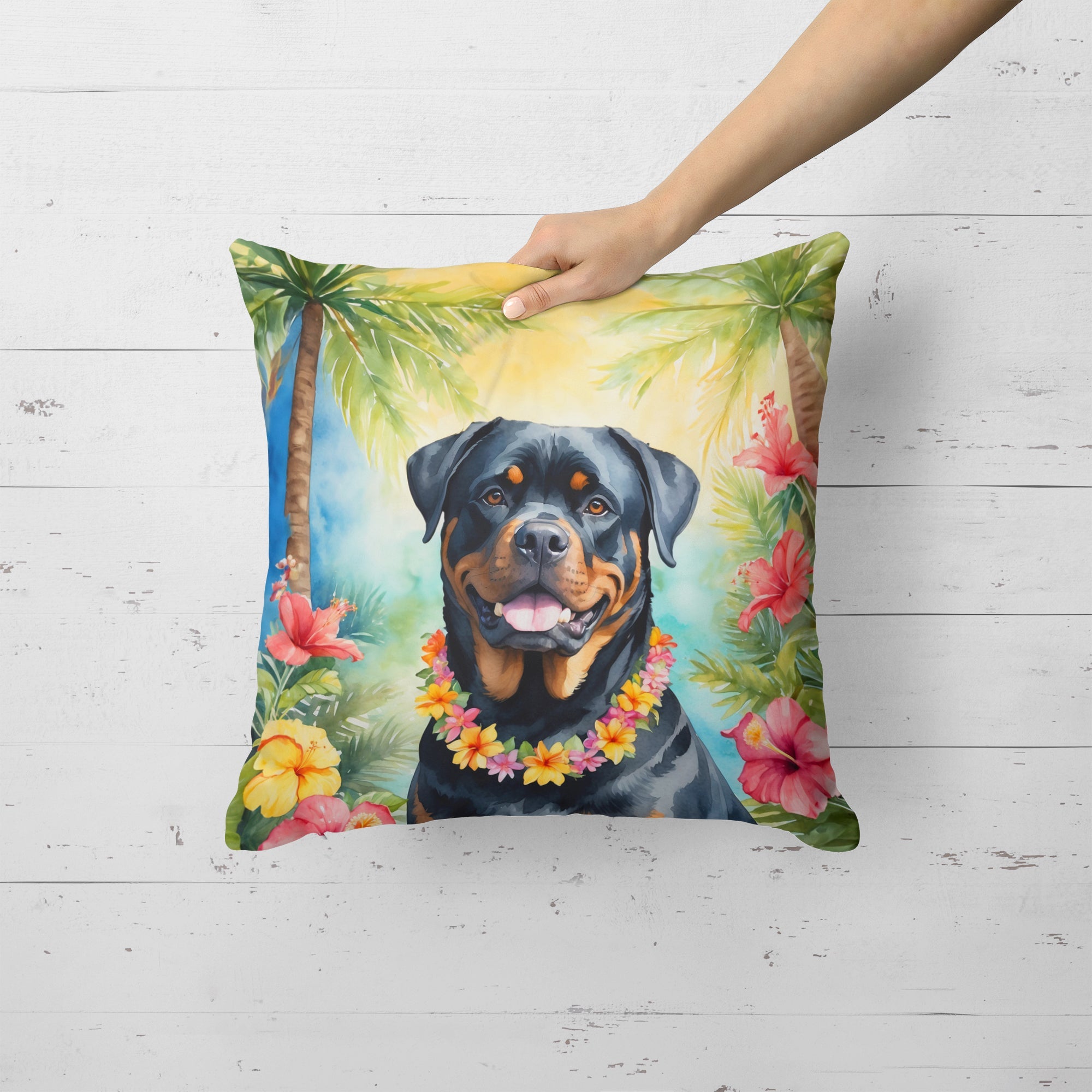Rottweiler Luau Decorative Throw Pillow 18x18 Indoor Outdoor Accent Cushion, Fabric Cover with Insert for Sofa, Bed, Porch & Living Room