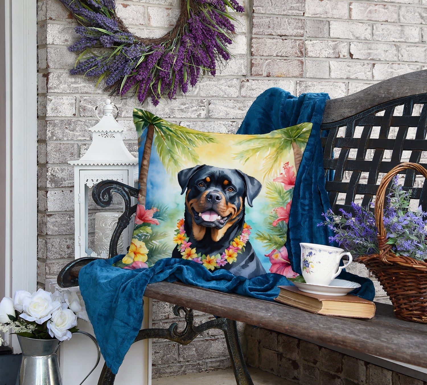 Rottweiler Luau Decorative Throw Pillow 18x18 Indoor Outdoor Accent Cushion, Fabric Cover with Insert for Sofa, Bed, Porch & Living Room