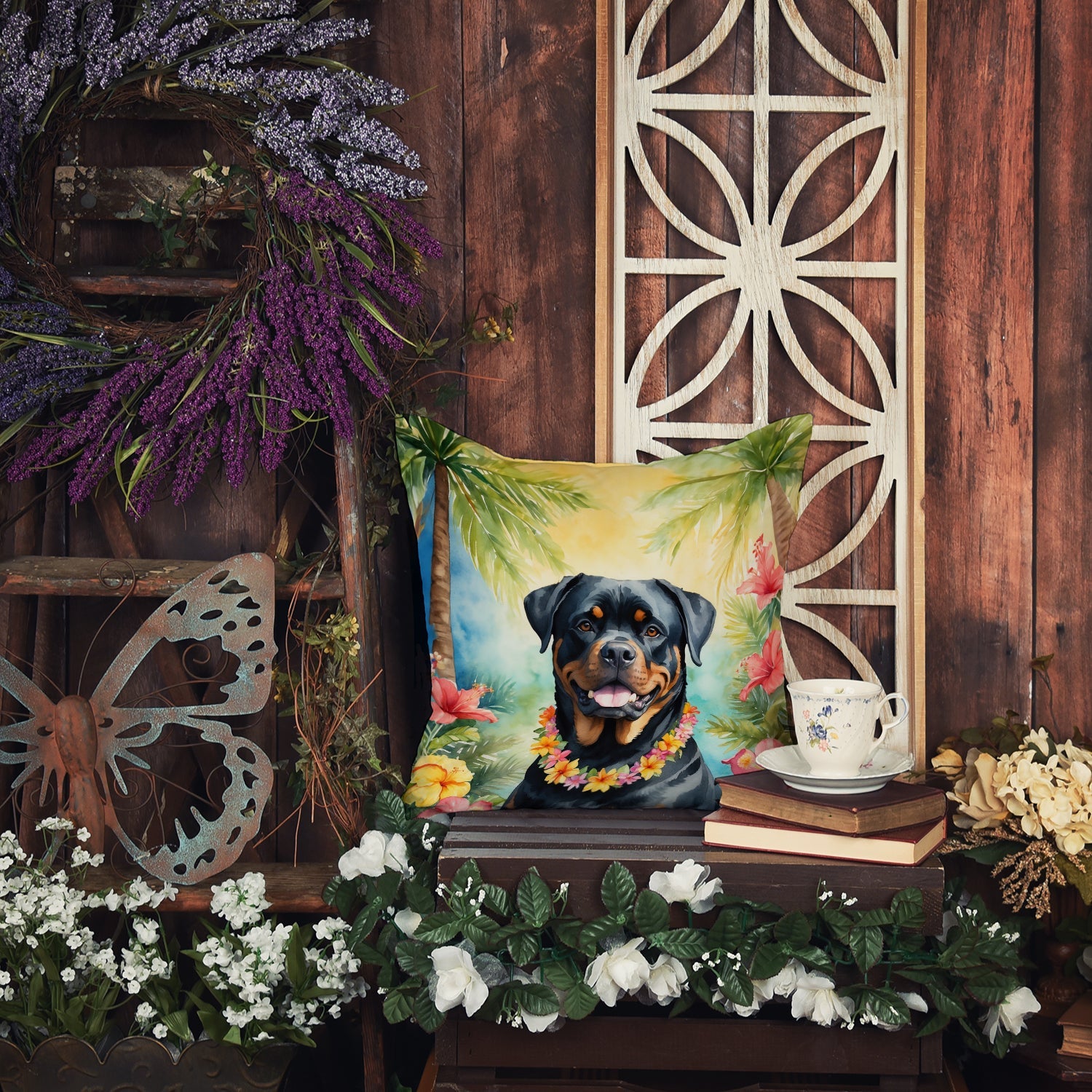 Rottweiler Luau Decorative Throw Pillow 18x18 Indoor Outdoor Accent Cushion, Fabric Cover with Insert for Sofa, Bed, Porch & Living Room