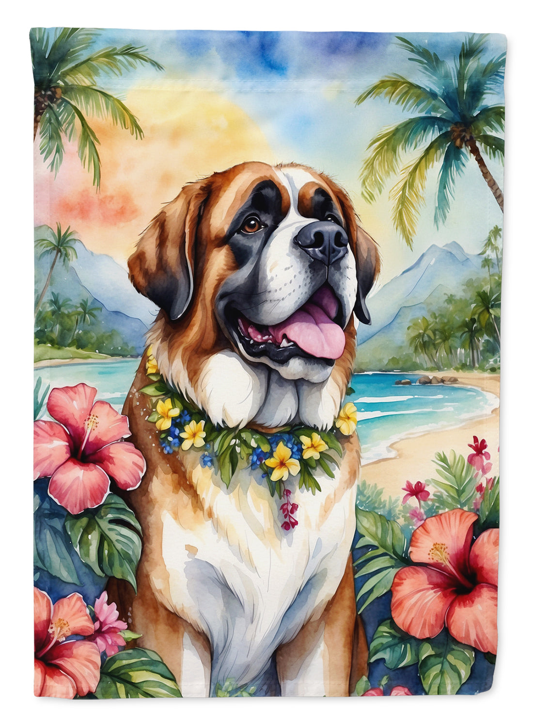 Saint Bernard Luau House Flag 28x40 Porch Sleeve Pole Decorative Outside Yard Banner Artwork Wall Hanging, Polyester