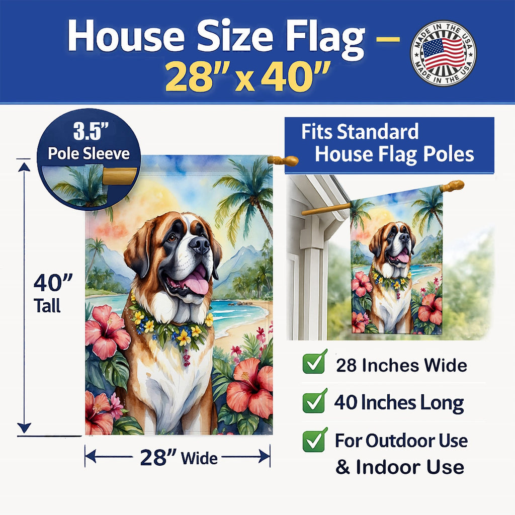 Saint Bernard Luau House Flag 28x40 Porch Sleeve Pole Decorative Outside Yard Banner Artwork Wall Hanging, Polyester