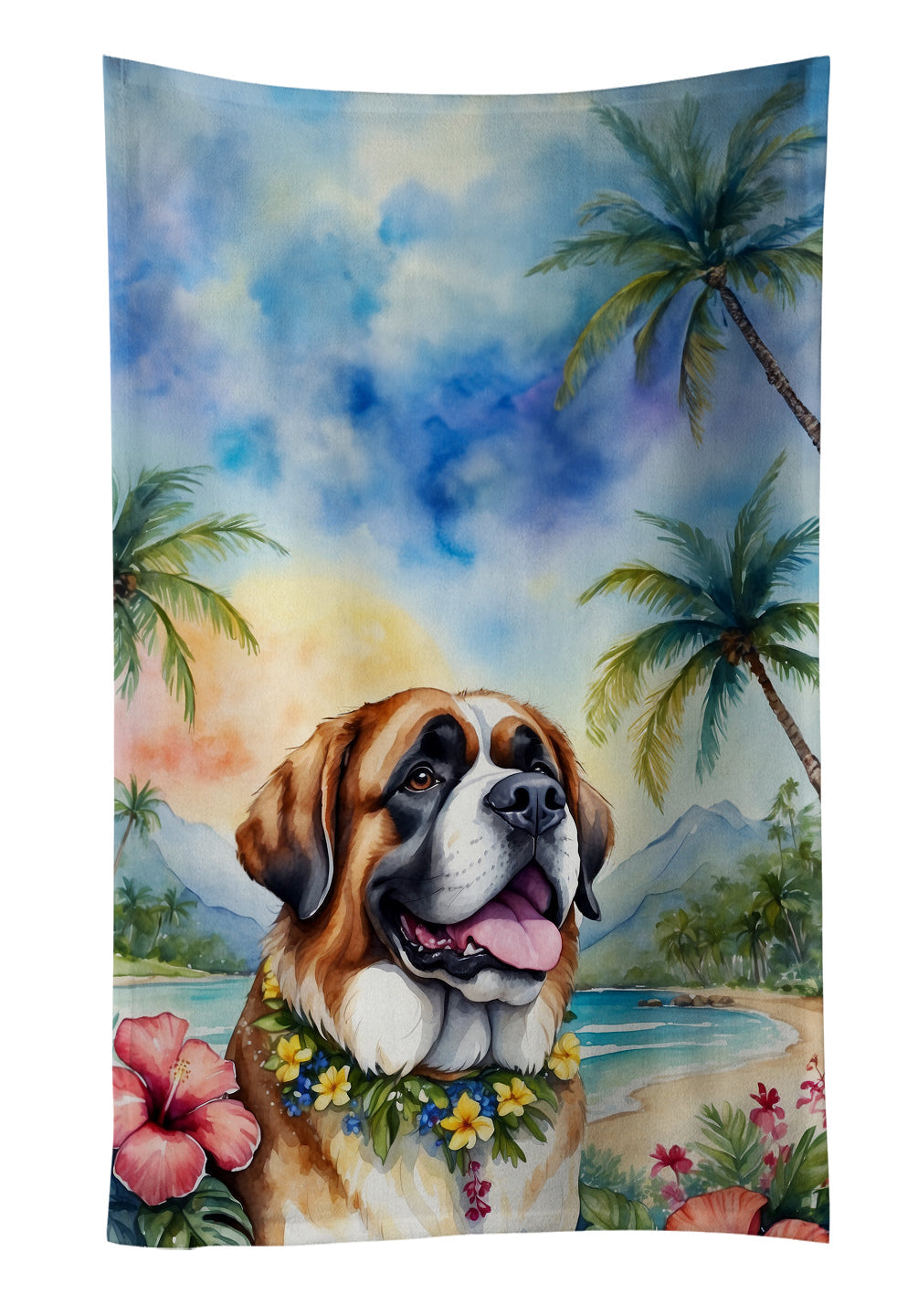 Saint Bernard Luau Kitchen Towel Velour Plush Front and Cotton Loop Back Machine Washable