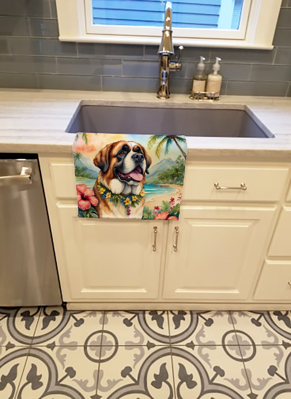 Saint Bernard Luau Kitchen Towel Velour Plush Front and Cotton Loop Back Machine Washable