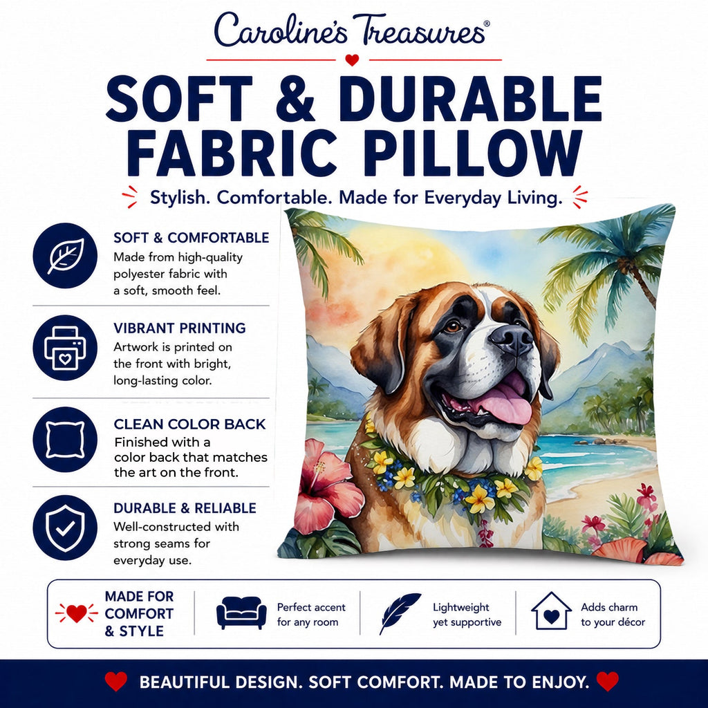 Saint Bernard Luau Decorative Throw Pillow 14x14 Indoor Outdoor Accent Cushion, Fabric Cover with Insert for Sofa, Bed, Porch & Living Room