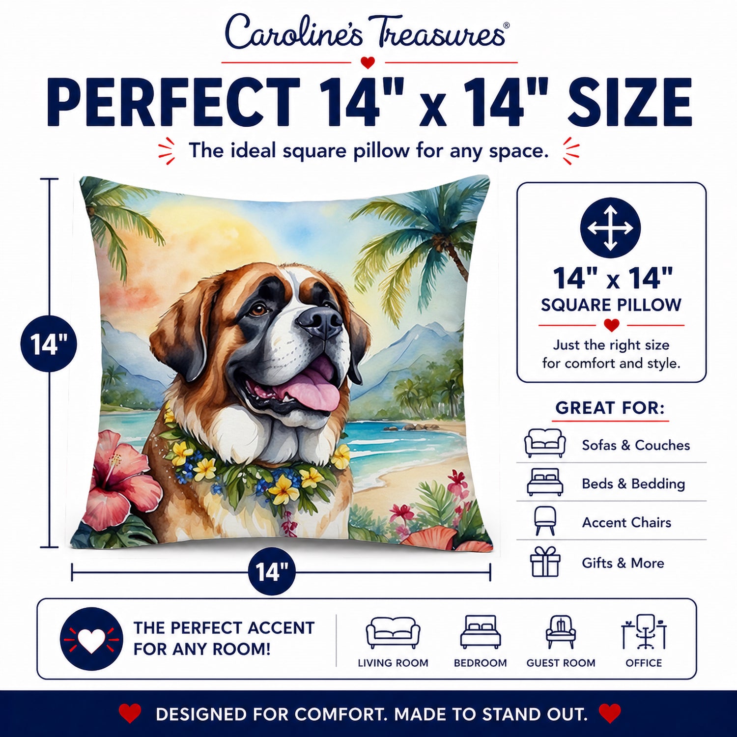 Saint Bernard Luau Decorative Throw Pillow 14x14 Indoor Outdoor Accent Cushion, Fabric Cover with Insert for Sofa, Bed, Porch & Living Room
