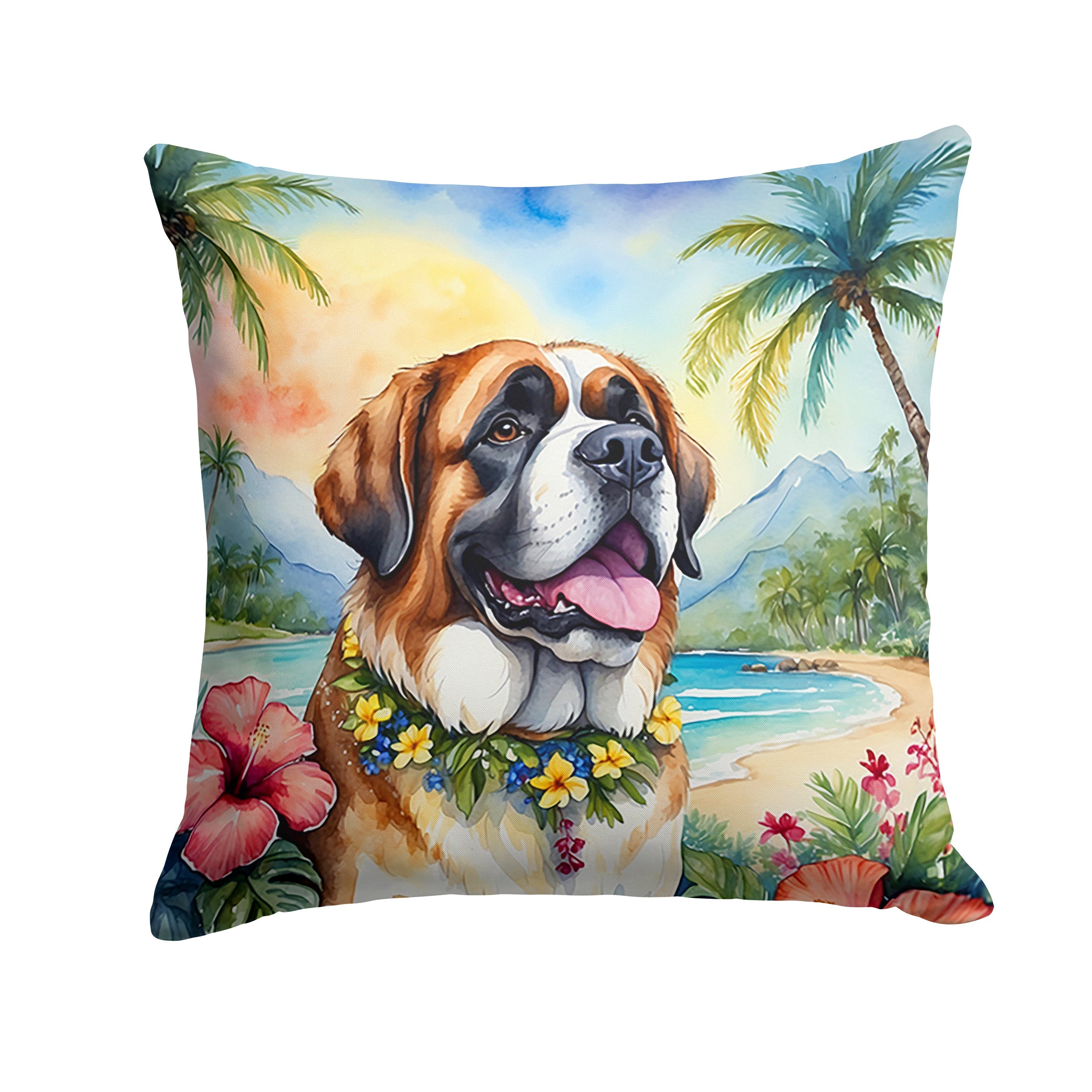 Saint Bernard Luau Decorative Throw Pillow 18x18 Indoor Outdoor Accent Cushion, Fabric Cover with Insert for Sofa, Bed, Porch & Living Room