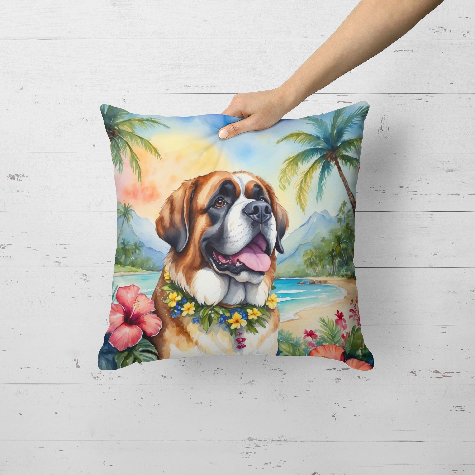 Saint Bernard Luau Decorative Throw Pillow 18x18 Indoor Outdoor Accent Cushion, Fabric Cover with Insert for Sofa, Bed, Porch & Living Room
