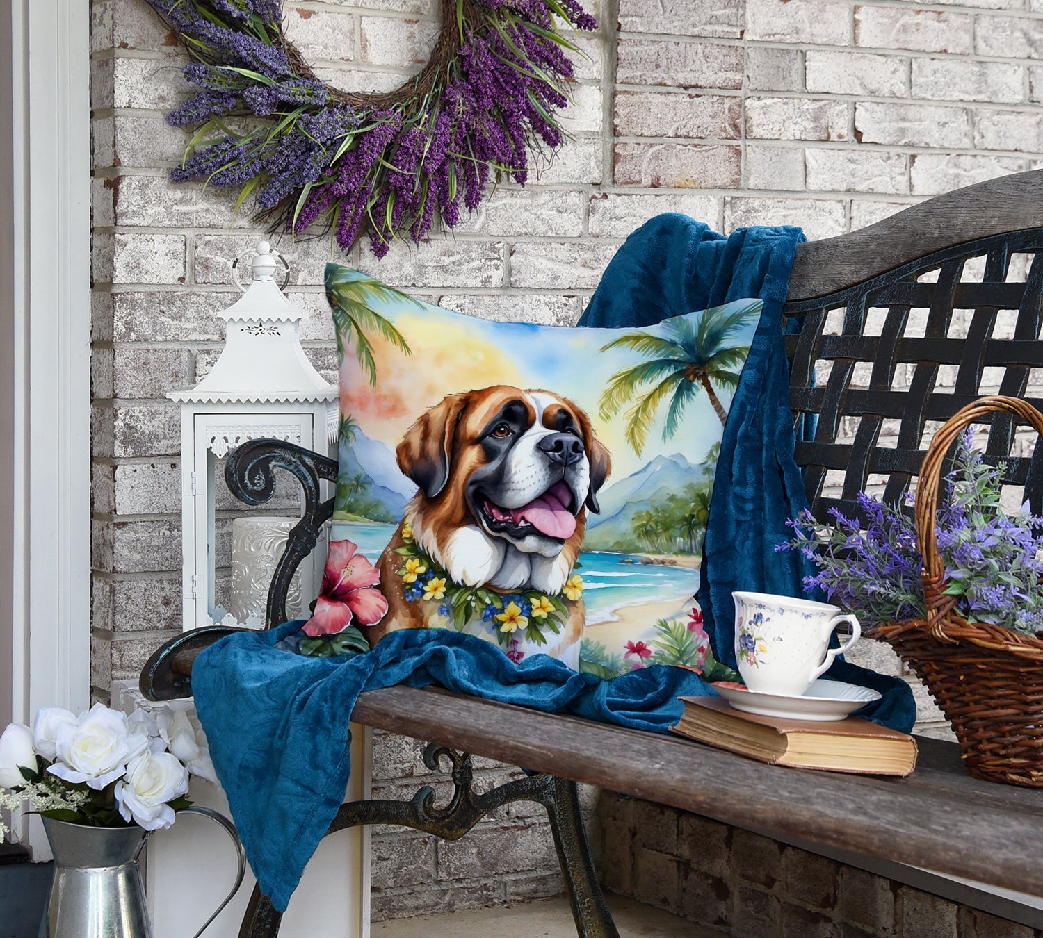 Saint Bernard Luau Decorative Throw Pillow 18x18 Indoor Outdoor Accent Cushion, Fabric Cover with Insert for Sofa, Bed, Porch & Living Room