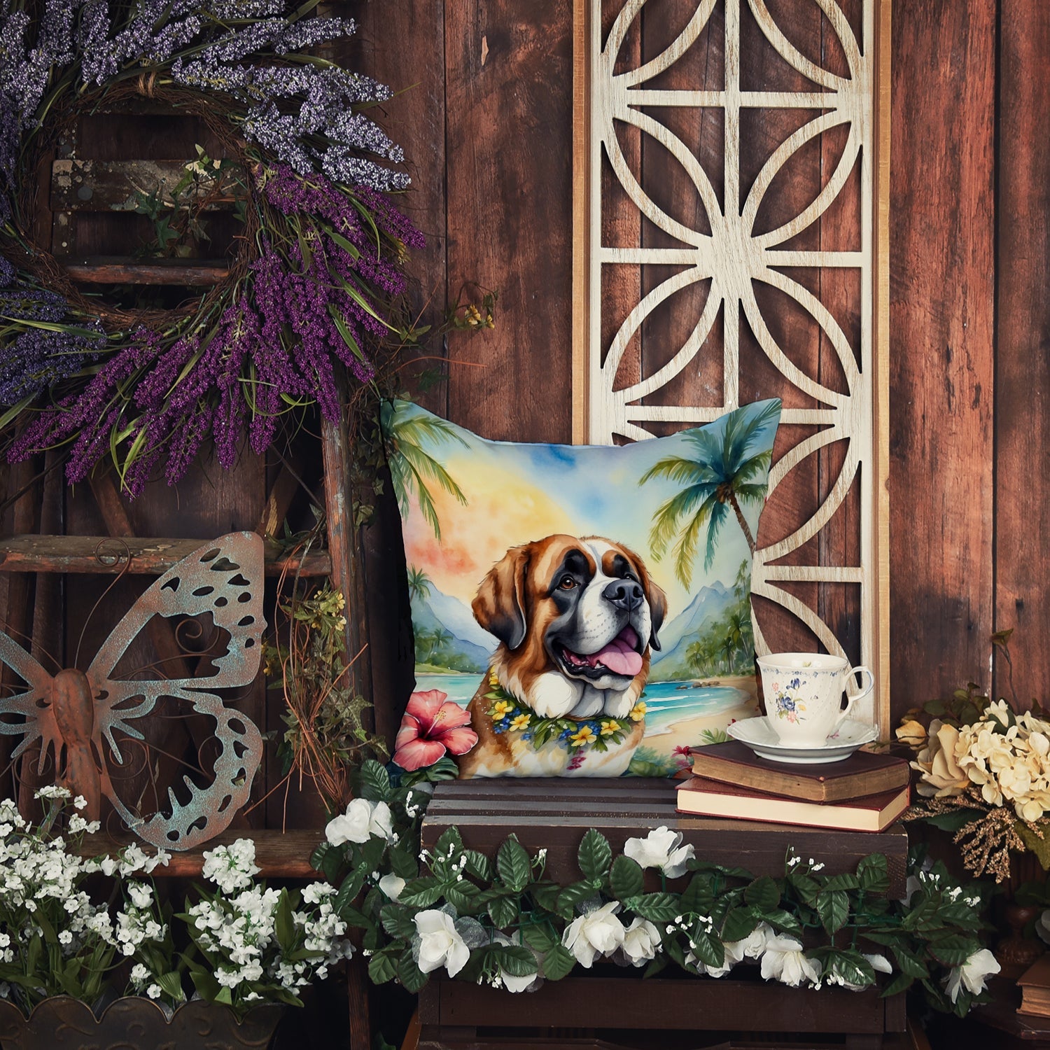 Saint Bernard Luau Decorative Throw Pillow 18x18 Indoor Outdoor Accent Cushion, Fabric Cover with Insert for Sofa, Bed, Porch & Living Room