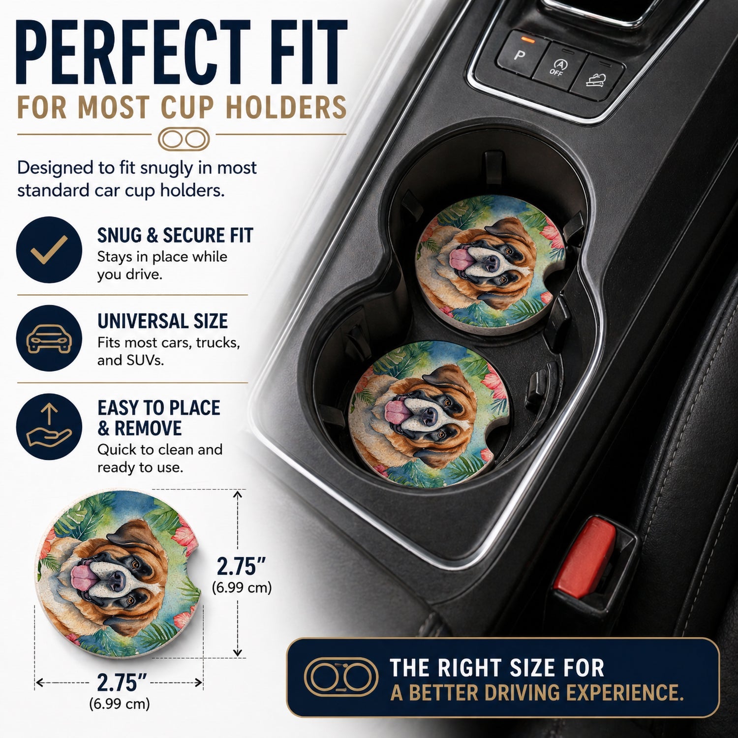 Saint Bernard Luau Set of 2 Cup Holder Car Coasters Absorbent Round Sandstone Coasters Gifts for Men or Women, 2.5, Multicolor